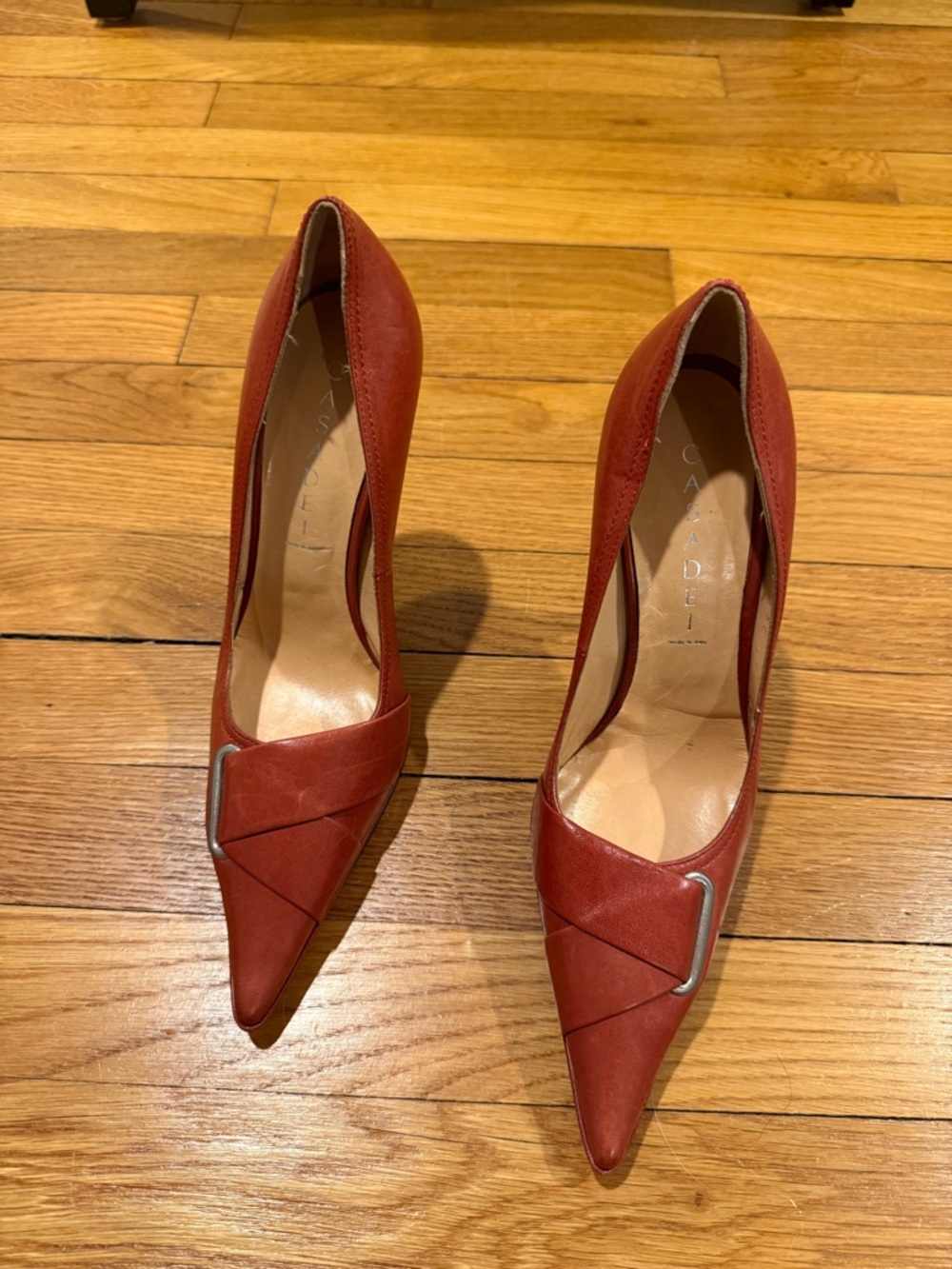 Casadei Red Pointed Toe Leather Buckle Stiletto Pumps
